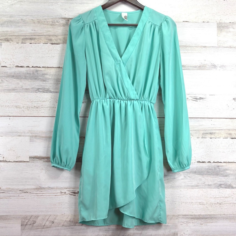 Francesca's Collections Teal V Neck Puff Balloon Sleeve Wrap‎ Style Dress Boho S